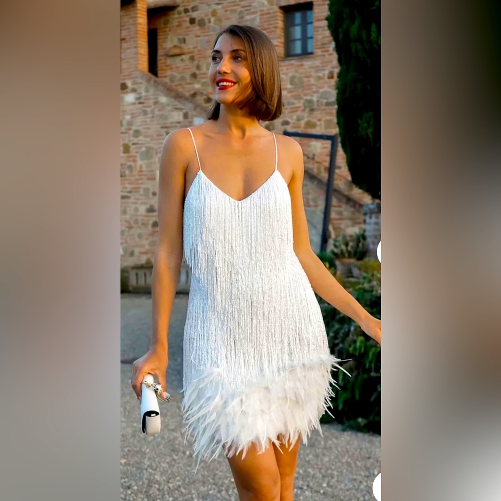 Fringed sequin feather trim party mini dress